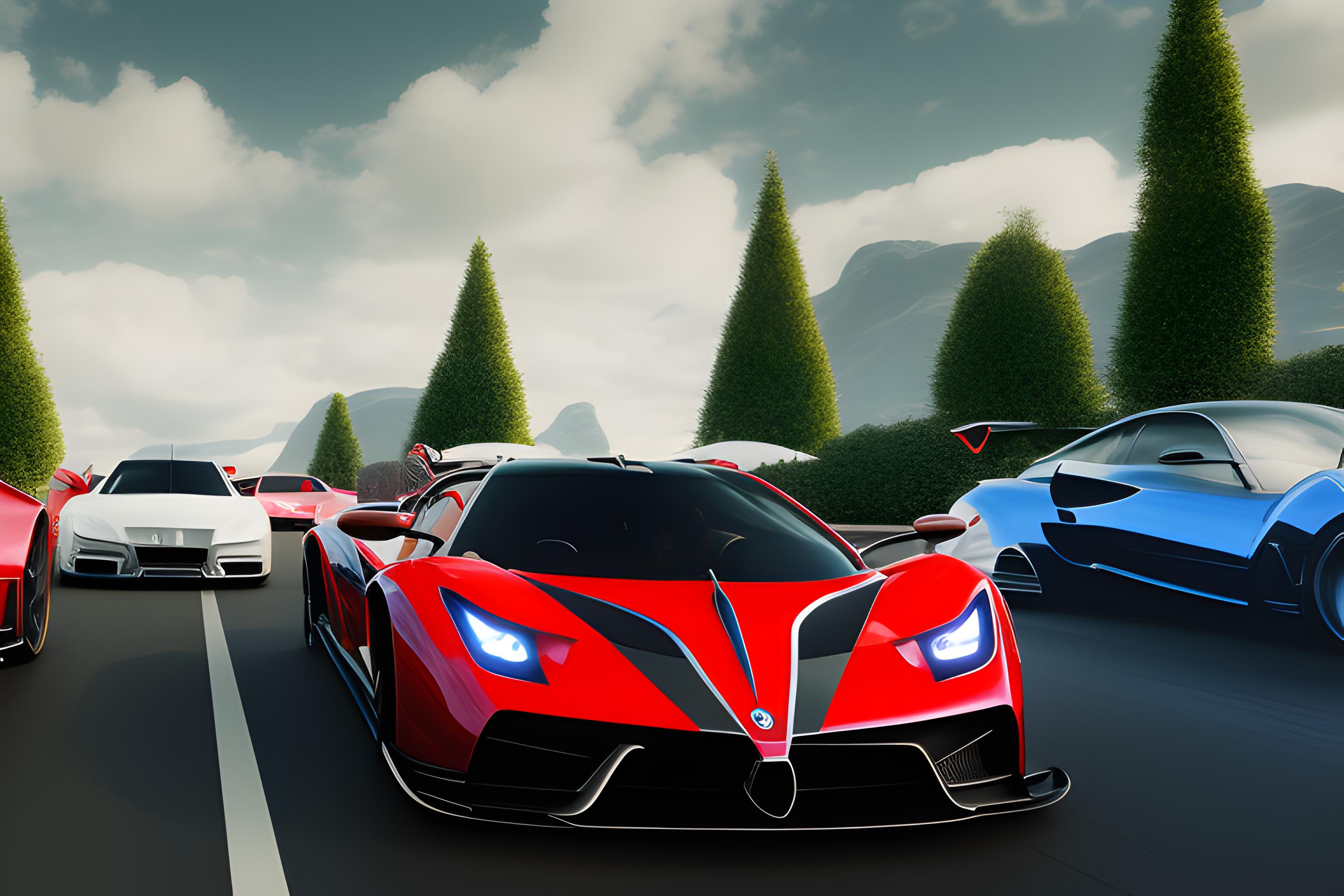 Ultra-realistic studio photography, 8k resolution desktop wallpaper. Three hyper-performance vehicles perfectly lined up diagonally in a sharp three-quarter angle view, side by side. From left to right: a glossy candy apple red Pagani Utopia hypercar, a deep red Ducati Panigale V4 superbike, and a sharp red and matte black BMW S1000RR sportbike. The background is a completely plain, solid, minimalist matte red studio backdrop with smooth, invisible studio lighting. Perfectly clean composition, sharp focus, subtle cinematic ground shadows, hyper-detailed metallic and carbon fiber textures, photorealistic